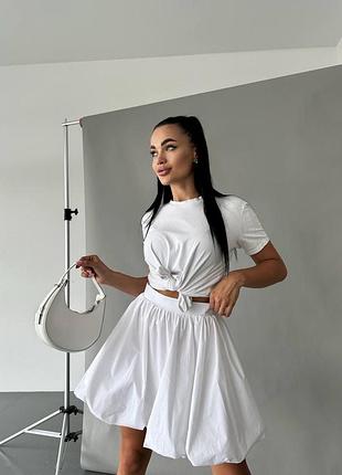 Женская белая коттоновая короткая юбка баллон на подкладке молочная