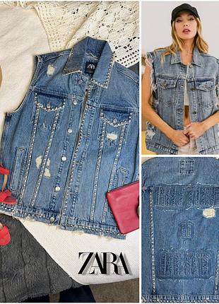1+1=3 ⚡️ джинсова важка жилетка zara denim оверсайз синій байкерський жилет з заклепками