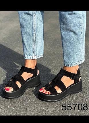 Женские босоножки на платформе натуральная замша черные, замшевые босоножки на танкетке 55708