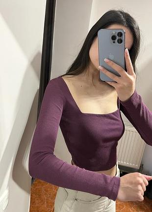 Жіночий топ укорочений на довгому рукаві zara кольору марсала бургунді топ в рубчик