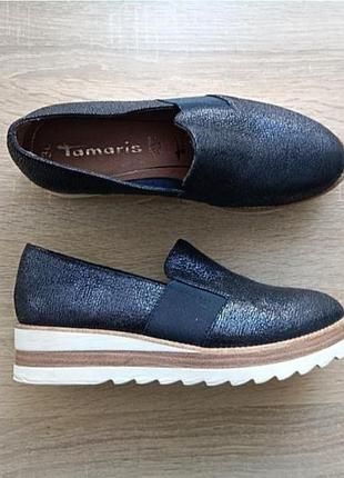Tamaris кожаные темно синие туфли лоферы слипоны на танкетке2 фото