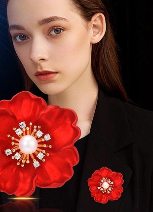 Брошка патріотична червоний мак ( ніколи знову) з перлиною та стразами