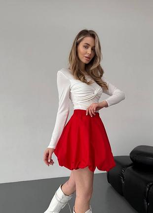Женская красная пышная коттоновая короткая юбка баллон мини на резинке