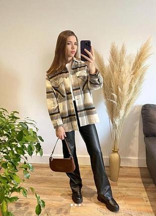 Рубашка рубашка в клетку коричневая теплая шерсть s zara 8682/171
