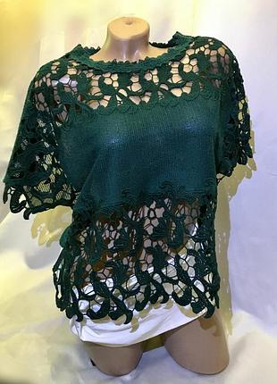 Футболка женская кружевная zara изумрудного цвета