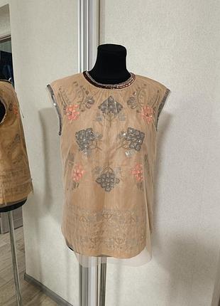 Hoss intropia топ блуза вышиванка с сеткой расшита лезвиями и пайетками этно бохо