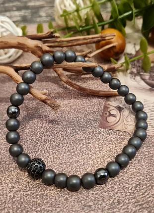 🔺🐼✨ тонкий браслет матовий гематит і декоративна намистина