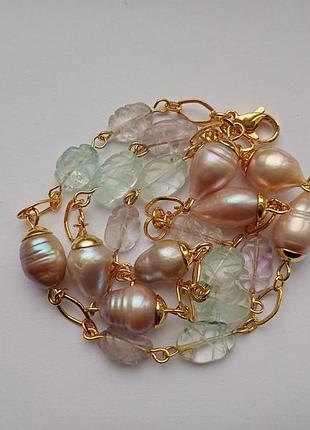 Намисто, натуральні перли, флюорит, позолота