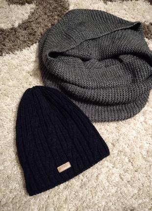 Зимний комбинированный серо- синий комплект шапка бинни и снуд хомут diligo grey & blue.1 фото