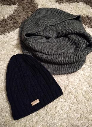 Зимний комбинированный серо- синий комплект шапка бинни и снуд хомут diligo grey & blue.2 фото
