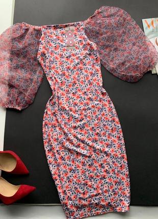 👗отменное розовое платье в цветок фатин/платье миди с цветами рукава воланы органза👗8 фото
