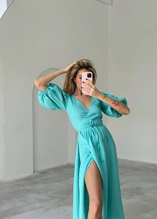 Сукня міді з льону на запах плаття біла фіолетова бежева рожева бірюзова літня
