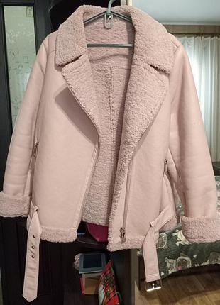 Дубленка авиатор косуха m,l,xl пудрового цвета