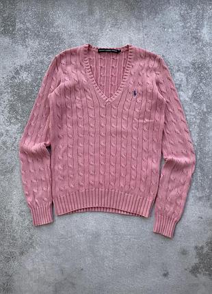 Жіночий джемпер светр кофта котон polo ralph lauren рожева v виріз