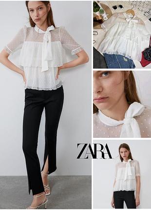 1+1=3 ❤️ белая ярусная блуза в горошек zara m молочная элегантная рубашка топ из шифона с бантом