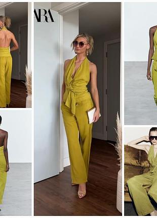 Летний брючный костюм zara zw collection из смесового льна в самом тонком цвете.