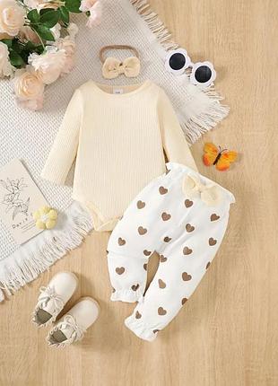✨look from 🐻 🌿трикотажний бодік з довгим рукавом+штани в сердечках+бант на резинці