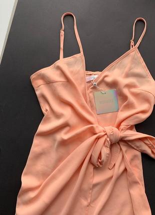 👗персиковый сарафан на запах/ассиметричное розовое платье миди с декольте бант👗2 фото