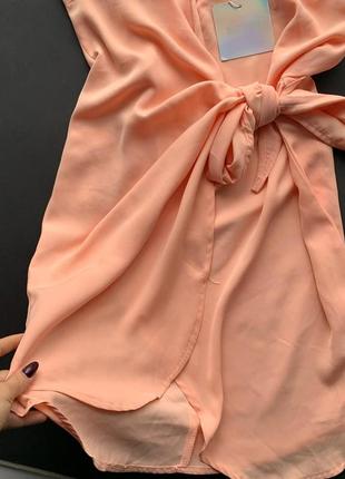👗персиковый сарафан на запах/ассиметричное розовое платье миди с декольте бант👗10 фото