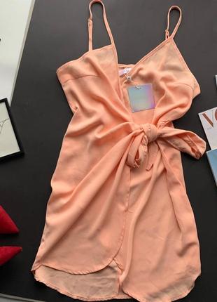 👗персиковый сарафан на запах/ассиметричное розовое платье миди с декольте бант👗5 фото