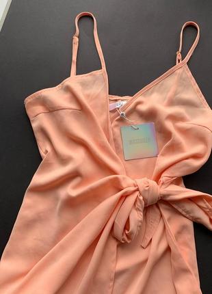 👗персиковый сарафан на запах/ассиметричное розовое платье миди с декольте бант👗4 фото