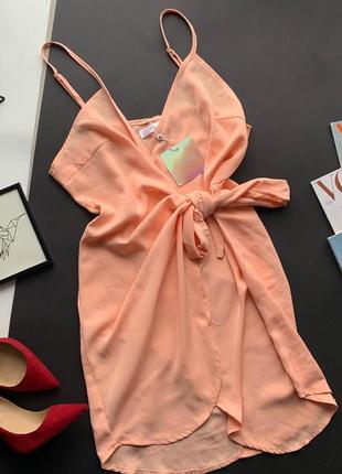 👗персиковый сарафан на запах/ассиметричное розовое платье миди с декольте бант👗3 фото