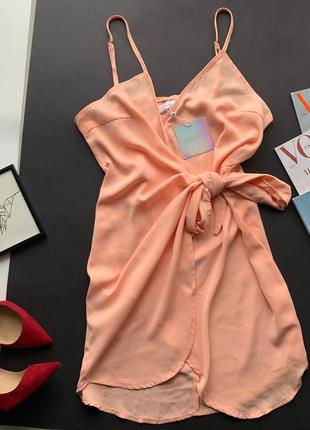 👗персиковый сарафан на запах/ассиметричное розовое платье миди с декольте бант👗6 фото