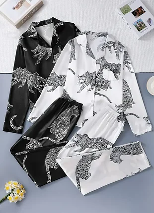 Жіночий сатиновий комплект розмір s жіноча леопардова піжама зі штанами/ комплект для дому