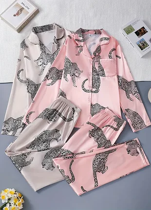 Жіночий сатиновий комплект розмір s жіноча леопардова піжама зі штанами/ комплект для дому