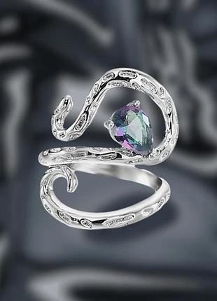 Сріблясте колечко з хамелеон камінцем фентезі завиток змія химерний унісекс асиметричне панк готика