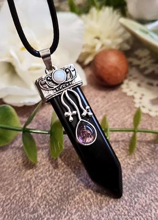 🔺💎🖤 стильный кулон "меч" натуральные камни черный агат, лунный камень