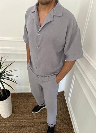 Костюм чоловічий лляний сорочка на короткий рукав штани брюки прямі чорні комплект сірий бежевий