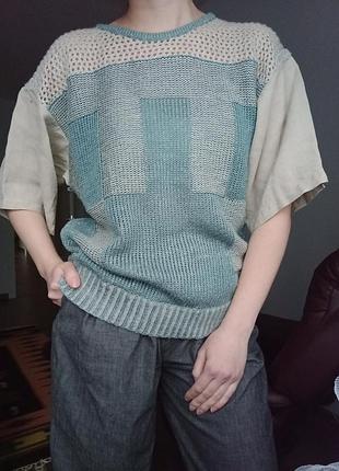 Очень интересная футболка вязаная+лён