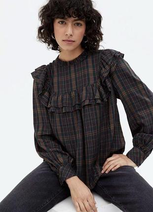 Темно-синяя бордовая блуза с широкими длинными рукавами в клетку new look 16/44