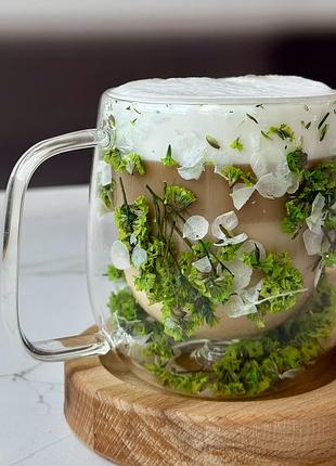 Чашка з ручкою "сухоцвіт" з подвійними стінками, біло-зелена, 250 мл