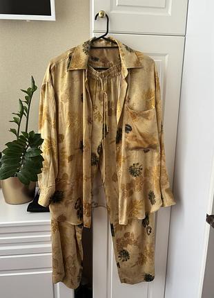 Шовковий костюм піжама zara 100% silk штани сорочка