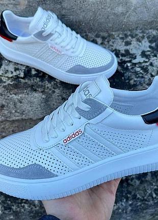 Мужские летние кожаные кеды adidas с перфорацией кроссовки натуральная кожа