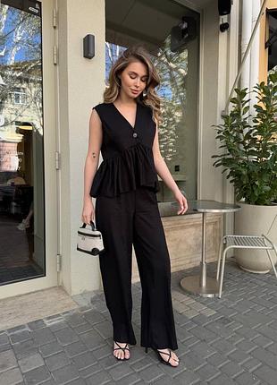 Лляний костюм блузка і брюки чорний, блакитний, барбі