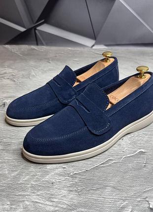 Мужские лоферы туфли синего цвета из натуральной замши, замшевые мокасины 2501