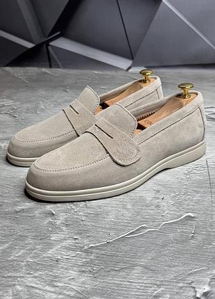 Мужские лоферы туфли бежевые из натуральной замши, замшевые мокасины 2501 беж