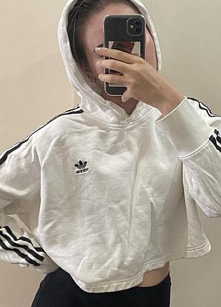 Худі жіноче adidas xs вкорочене біле оверсайз з лампасами