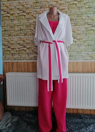 Летние женские костюм майка и штаны палаццо и накидка из натурального льна с поясом