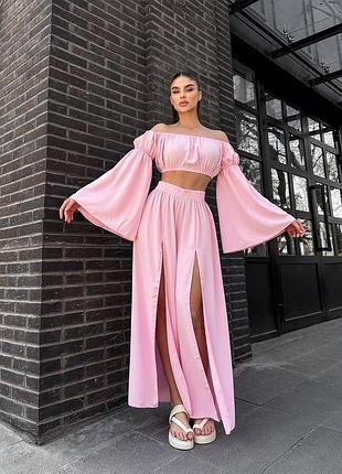 🌈5! шикарний брючний легкий жіночий костюм рожевий женский топ блуза брюки штани