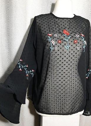 Черная шифоновая вышиванка, женская блузка с вышивкой, праздничная блуза
