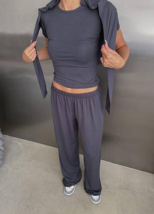 Женский костюм тройка лонгслив + топ + штаны палаццо натуральная вискоза турецкая, графит