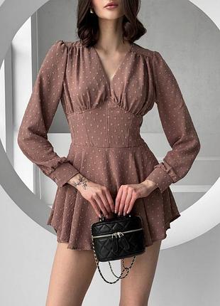 Жіноча коротка сукня-комбінезон з довгими рукавами з імітацією корсета колір мокко