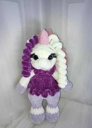 Мягкая плюшевая, вязаная игрушка единорожка