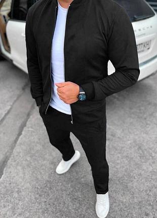 Костюм чоловічий замшевий куртка кофта на замок штани комплект чорний зелений сірий синій