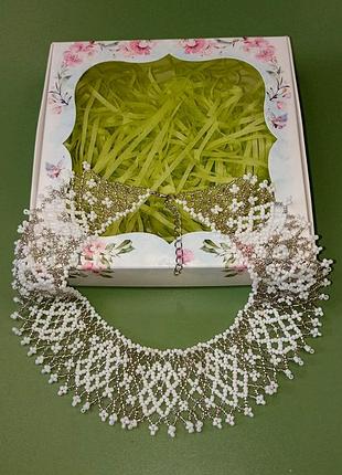 Бусы из бисера, бело-бежево-золотистый чокер-воротник, украшение для свадьбы+подарок