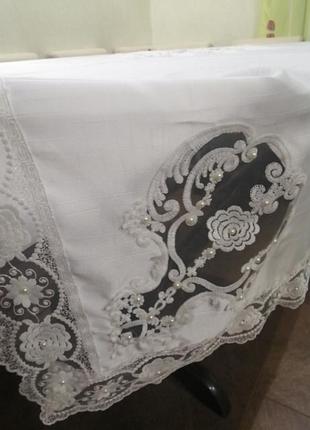 Шикарная скатерть с кружевом, жемчугом, 160*220, пр-во турция